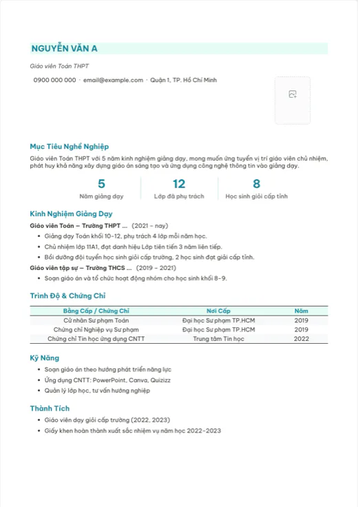 Trang đầu của mẫu “CV giáo viên” trong trình soạn thảo Texva