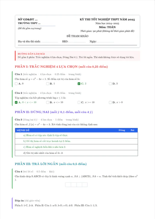 Trang đầu của mẫu “Đề THPT 2025 — 3 phần chuẩn” trong trình soạn thảo Texva